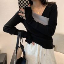 NORA shoulder knitwear Womens Spring and Autumn new niche splicing design casual long sleeve wool thin shirt