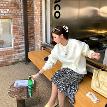 NORA solid color long sleeve sweater female 2021 New early autumn loose lazy style retro round neck casual short top