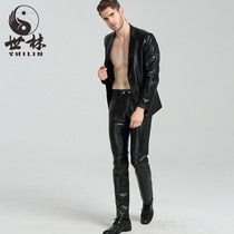 Spring and autumn Youth plus size leather pants mens feet Korean motorcycle leather pants mens tight stitching PU trousers