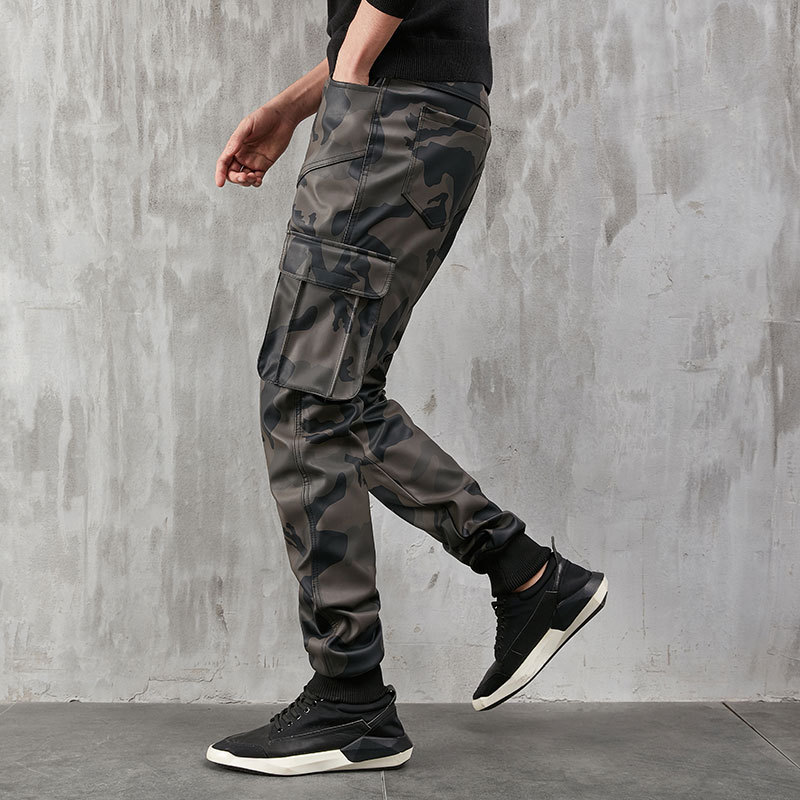 2021 New Casual Camouflay Leather Pants Male Trend Locomotive Loose Engineering Pants Locomotive Men PU Long Pants