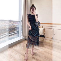 Light-ripened wind womens suit Harbor Taste Sister Summer Dress 2022 New black blouses net yarn half body dress Two sets