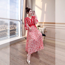 Temperament autumn goddess fan 2021 new womens shirt dress long skirt waist autumn floral chiffon dress