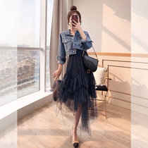 Sling dress two-piece mesh early autumn fashion 2021 new womens autumn coat denim suit