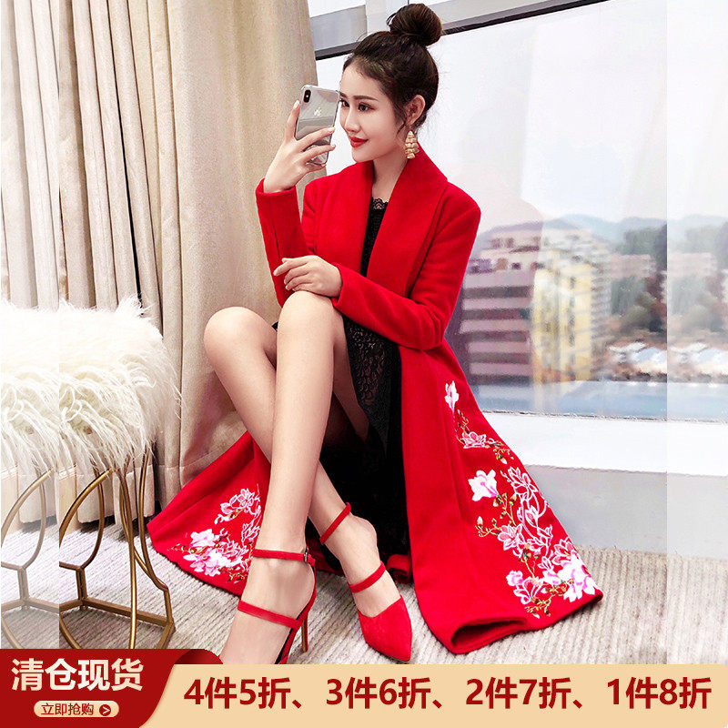 Mao tweed coat spring Chinese wind long - range 2023 new female embroidery national wind clothing red coat