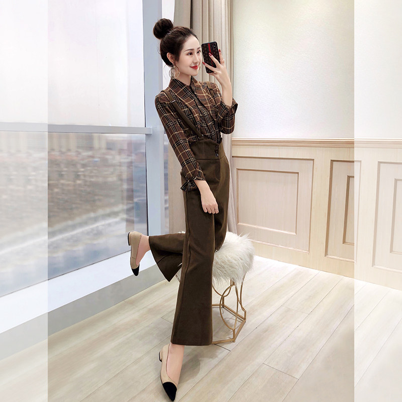 Shirt two-piece plaid strap pants 2022 new women's spring fashion Shirt pants wide leg pants set