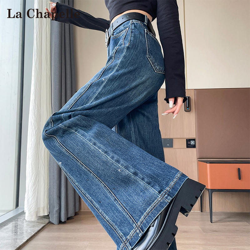 La Chapelle Rhinestone Embellished Flared Jeans for Women, Spring and Autumn 2026 New Style, Loose Fit, Not Tight on the Legs, Wide-Leg Flared Pants