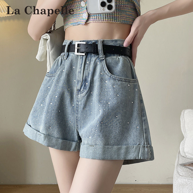 La Chapelle American-Style Rhinestone Denim Shorts for Women, Summer 2026 New High-Waisted A-Line Wide-Leg Rolled Hem Hot Pants