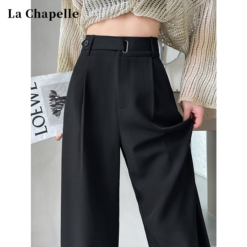 La Chapelle Black High-End Suit Pants for Women, Suitable for Spring, Summer, Autumn, and Winter, High-Waisted, Drapey, Fleece-Lined, Thickened, Slim-Fit Wide-Leg Pants