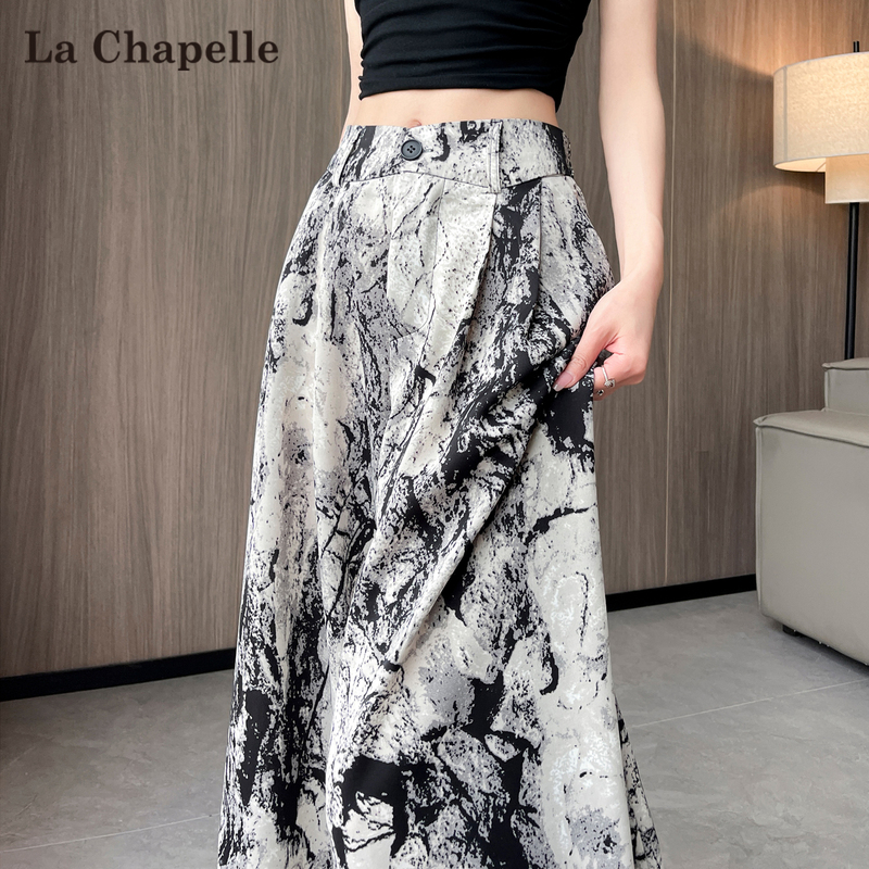 La Chapelle Chinese-Style Tie-Dye Suit Pants for Women, Summer Thin Vintage Ink Painting Print Ice Silk Wide-Leg Floor-Length Pants