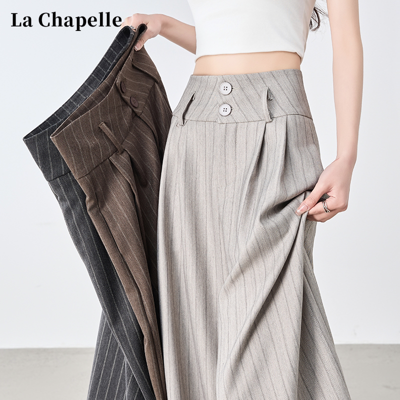 La Chapelle Ice Silk Cotton Linen Striped Wide-Leg Pants for Women, Summer Thin Style 2026 New Old Money Style Straight-Leg Suit Pants
