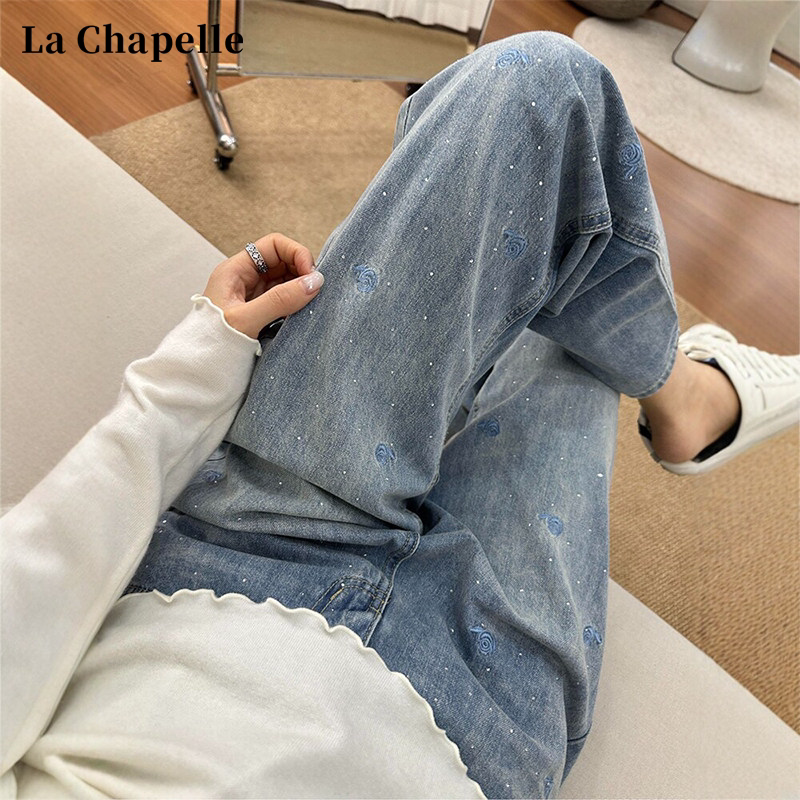 La Chapelle Rhinestone Embroidered Wide-Leg Jeans for Women, Spring/Summer 2026 New High-Waisted Loose Slimming Straight Pants