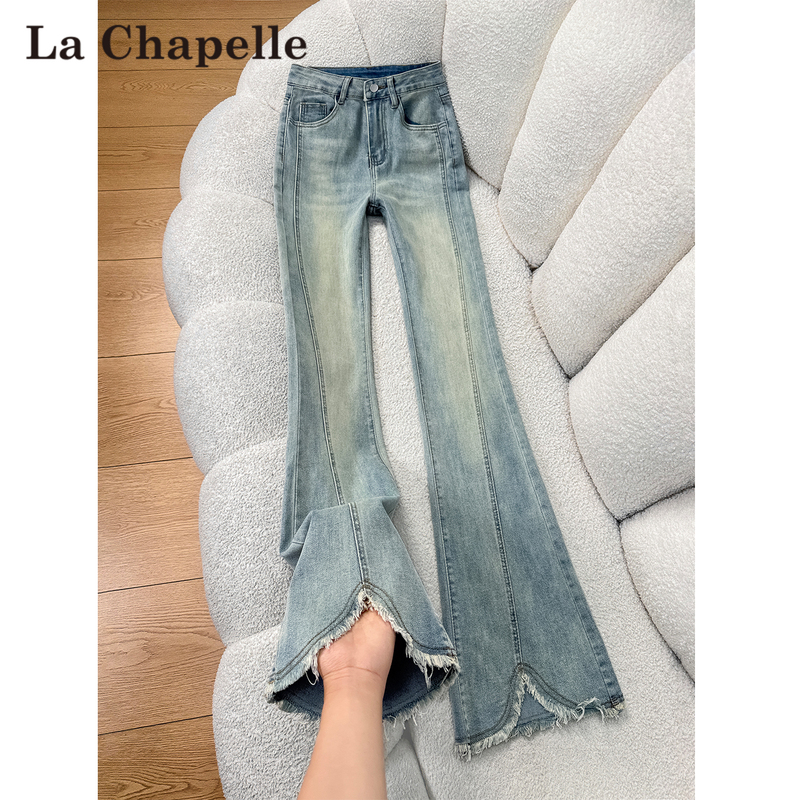 La Chapelle Frayed Hem Flared Jeans for Women, New Summer Style, High-Waisted, Stretchy, Non-Tight, Slightly Slit Bootcut Pants