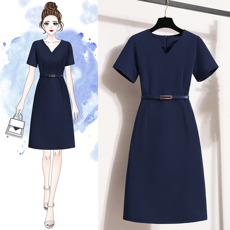 Professional V-Neck Short-Sleeved Dress for Women, Summer High-End Work Clothes, Beauty Salon Sales Department, Jewelry Store Work Dress