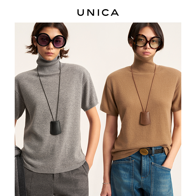 Unica Atelier/Paris Line Selection Cloud-Like 100% Cashmere Detachable Shoulder Pads High-Neck Short-Sleeve Knitwear