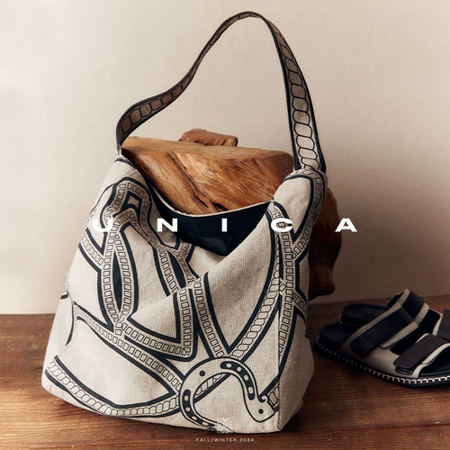 UNICA/Практическая и модная оригинальная холщовая сумка с тотемом пони_Тканая дизайнерская сумка из необработанного льна с принтом