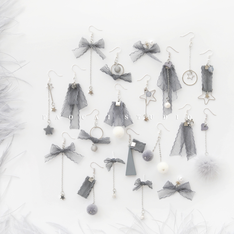 50 ℃ Gray lace pearl 925 pure silver earrings female minimal temperament with white in earbuckle ear accessories
