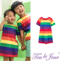 Toulejour Girls Clothing Combed Cotton Yarn Weaving Rainbow Stripes base skirt Casual Skirt Parent-Child T-Shirt