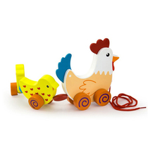 VIGA pull hen and chicken wooden pull string toy baby early learning walking artifact double-sided cartoon animal 1-2 years old