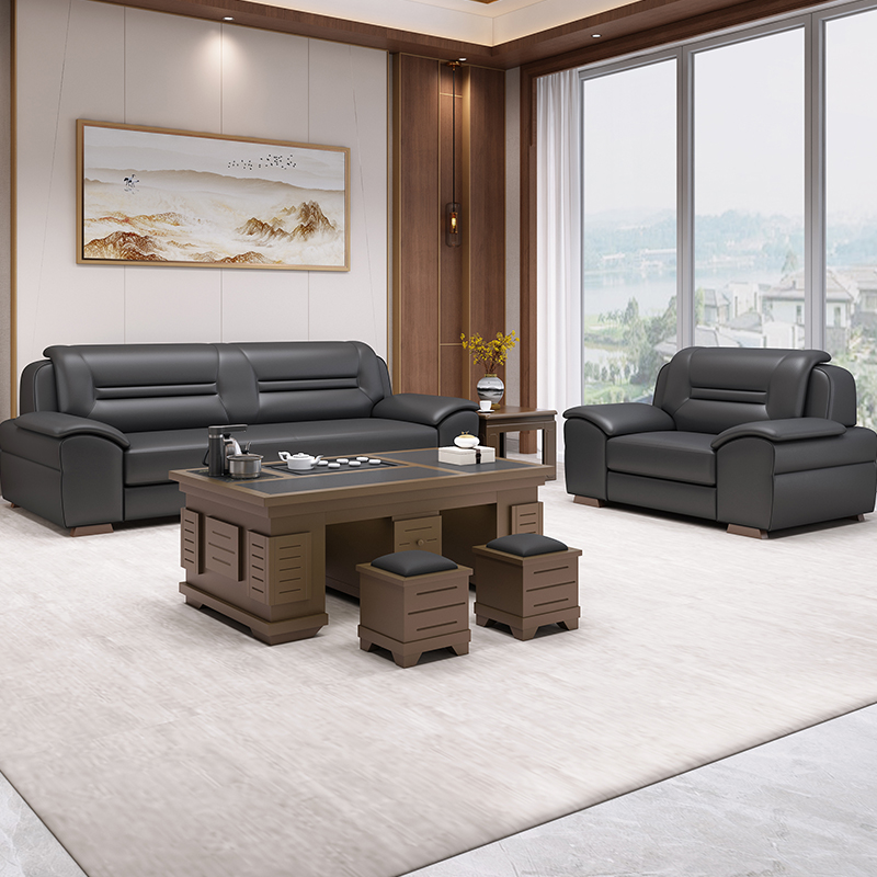 Leather office sofa coffee table set Chinese style modern minimalist guest three-person boss business reception room sofa
