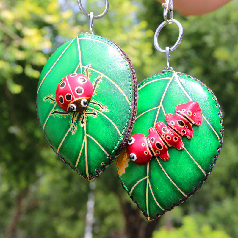 Genuine Leather Cartoon Zero Wallet Leaves Insect key bag Carpack Wrist Gift Packet hard leather styling bag