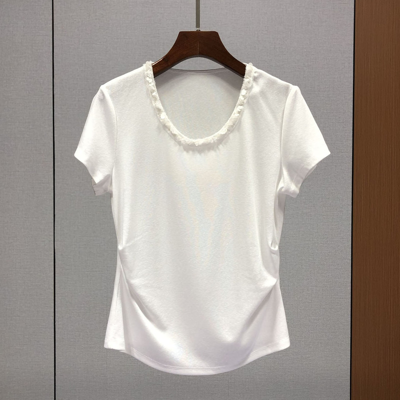 Now Nanyou # Tencel Slim-Fit Short-Sleeve T-Shirt for Women, European Style, New Summer Round-Neck Sequin Waist-Cinching Top 84Xx24