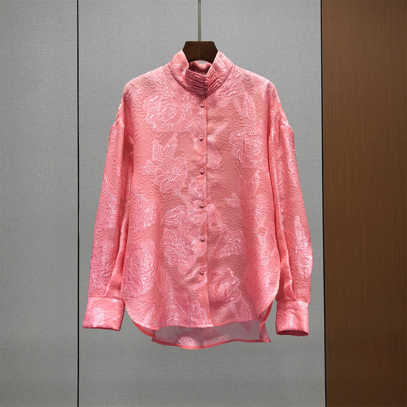 Order High-Quality Goods # Silk Jacquard Asymmetrical Shirt for Women, European Style, Spring New Arrival, Slit Design, New Chinese Style Top 82F10