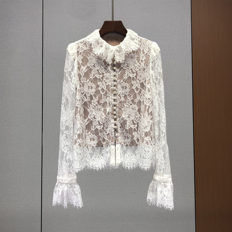 High-Quality Goods # Ruffled Sexy Lace Blouse for Women, Spring and Summer New European Style French Bell-Sleeve Top 82I18