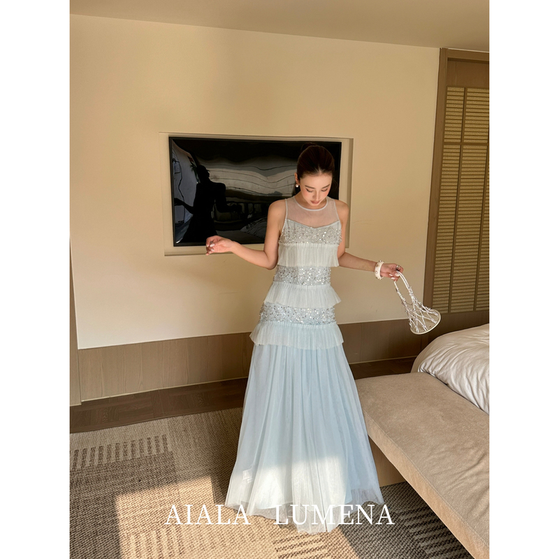 Blue Romantic High-End Slim-Fit Long Slip Dress with Sequins and Layered Ruffles, Holiday Dress