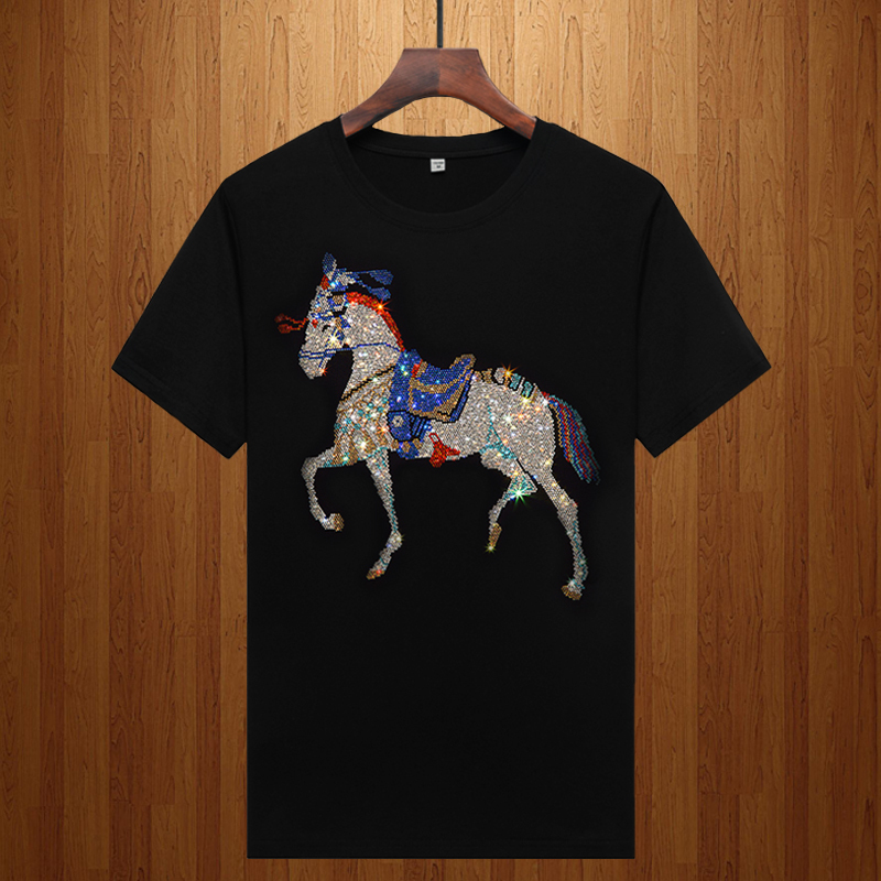 European Style Summer Modal 3D Rhinestone Short-Sleeve T-Shirt for Young Men, Trendy Oversized Tee