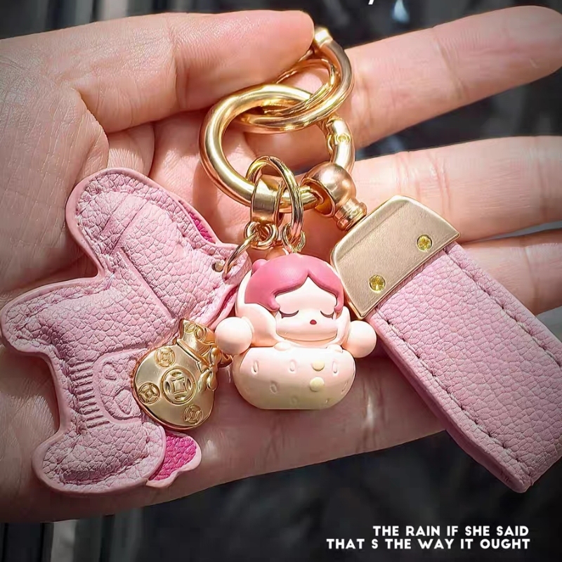 Car Keychain with Genuine Pop Mart Cute Charms, Strawberry Pendant, Make Money Instantly, Handmade