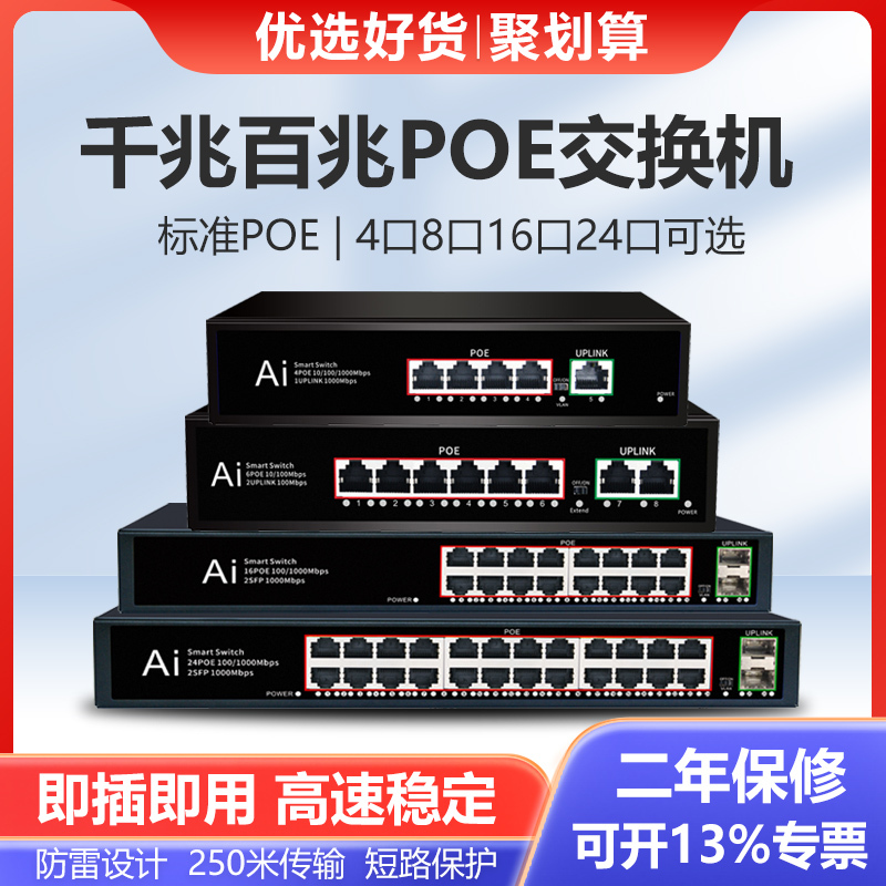 Full Gigabit Poe Switch with 4, 8, 16, or 24 Ports, Standard Power Supply 48V, Splitter, Dedicated for Network Monitoring, No