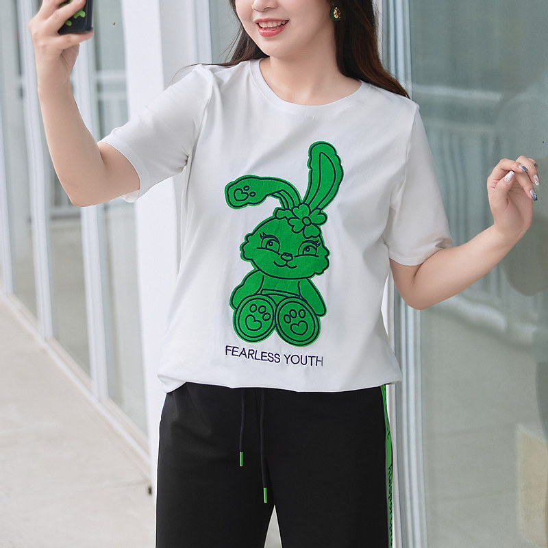 MSShe big size women's dress 2022 new summer dress fat mm loose comfort cloth with embroidered ice porcelain cotton medium long version t-shirt