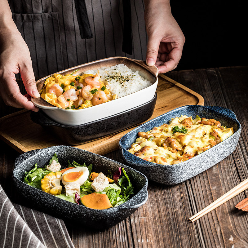 Rectangular Baking Dish for Oven, Double-Ear Ceramic Dinner Plate, Beautiful Plate with a High-End Feel, Underglaze Color Tableware Rectangular Baking Dish for Oven, Double-Ear Ceramic Dinner Plate, Beautiful Plate with a High-End Feel, Underglaze Color Tableware