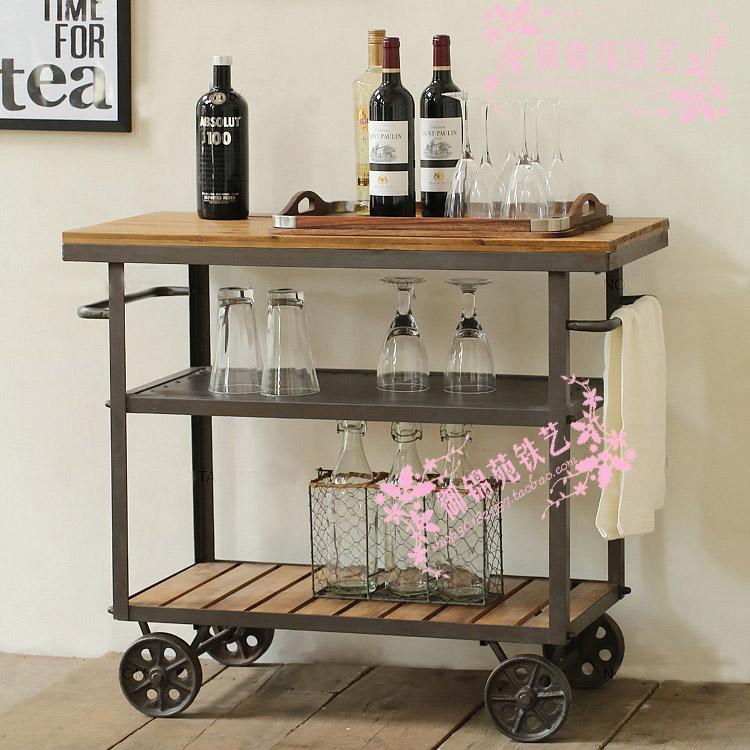 C001 American Vintage Wrought Iron Dining Cart Pusher Mobile Wood Sideboard Wine Snack Cart Kitchen Shelf