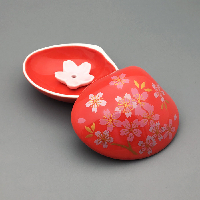 Japan Xiangcaitang Beihe わせ Incense Dish Cherry Blossom Pattern Red Shell Incense Li Incense Dish Ceramic Spot
