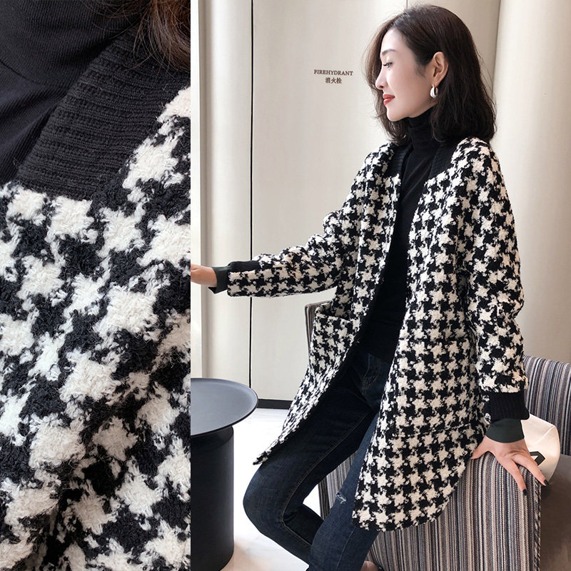 Thousand birds grid woolen coat women long European station 2021 autumn and winter New European products thick temperament woolen coat