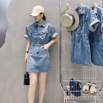 Denim Dress Dress Lady Summer 2022 New European Station European Goods Fashion Collection Waist Display Slim Polo Collar Short shirt dress