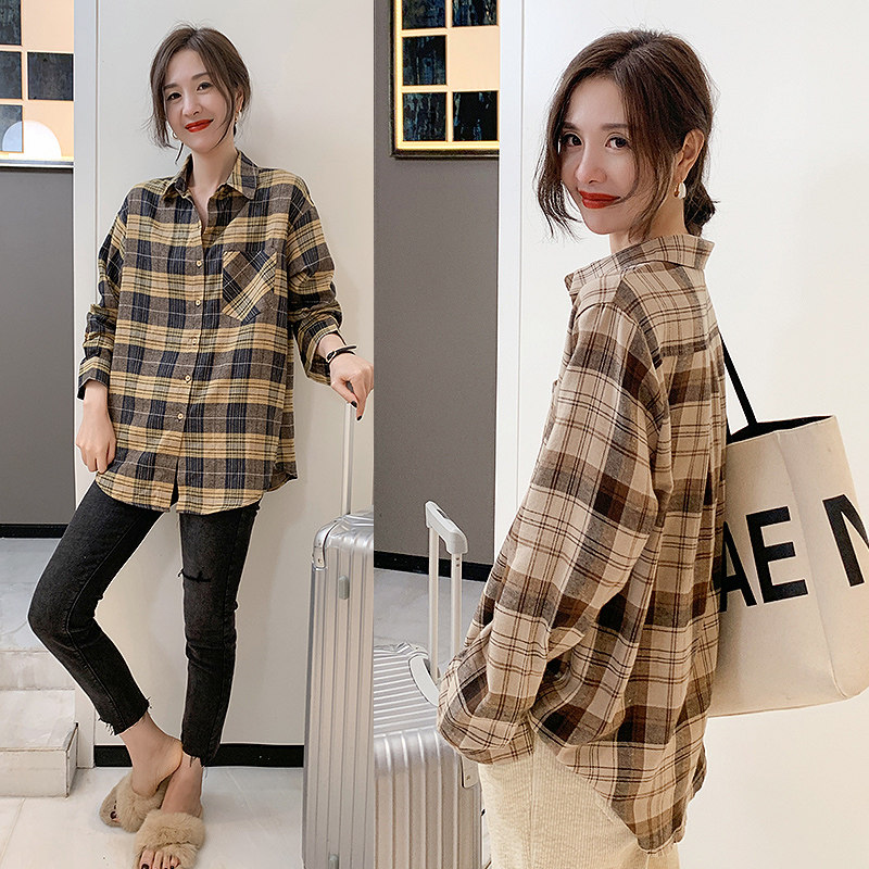 European station 2021 spring and autumn new European goods shirt women's all-match Korean version of the top fashion inch shirt plaid Foreign school shirt