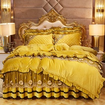 Warm winter milk coral velvet bed skirt bed four-piece full clip Z cotton thick non-slip lace Crystal