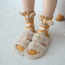 Coral velvet socks womens midline socks autumn and winter plus velvet thickened home floor socks Japanese cute moon socks