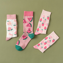 Strawberry socks womens midline socks ins tide spring summer thin Japanese long tube Korean cute girl Joker Cotton