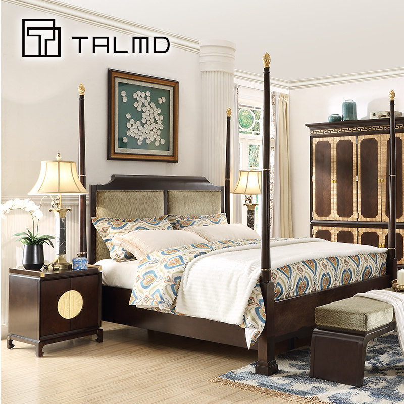 TALMD Tumai Modern Chinese Simple Solid Wood Fabric Double Bed Four-poster Bed Custom Furniture Whole House