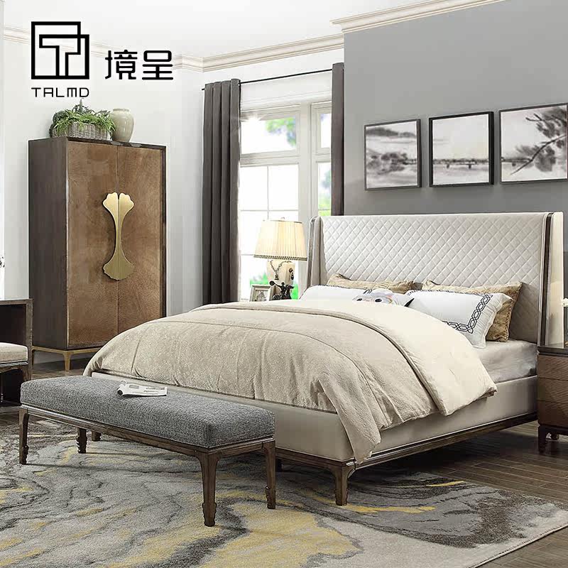 Double bed Master bedroom Light luxury style Simple solid wood leather fabric Double bed Master bedroom Second bed 1 5 1 8 meters