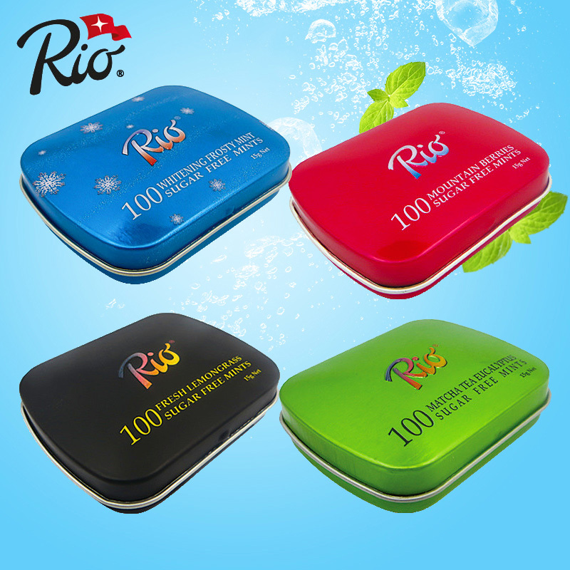 Rio Sugar-Free Mint Candy Flip-Top Tin Box 15g*4 Boxes Fruit-Flavored Mint Lozenges Candy Refreshing Candy Kissing Candy