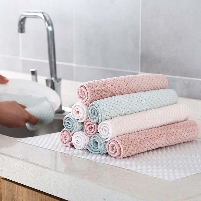 White Cloth Kitchen Coral Suede Fish Scale Rag Thicken not stained with oil Cleaning cloth Double dishwashcloth Absorbent Rubbing wipes