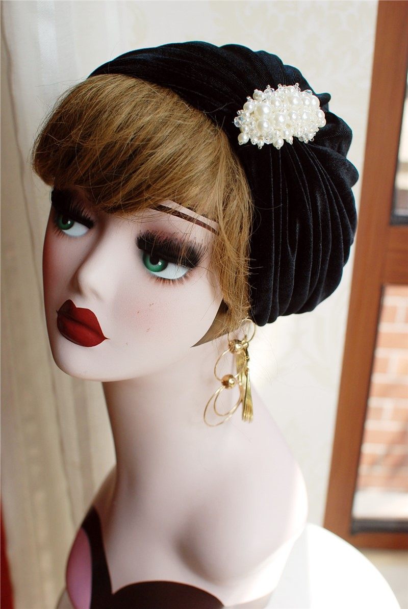 Retro women's hat Baotou imitation pearl decoration women's hat Hui nationality turban hat M sling hat women