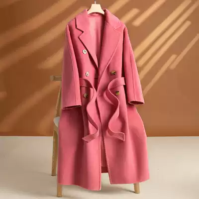 Pink double-breasted double-sided cashmere coat women's long version High-end 2021 New 100 pure cashmere autumn and winter