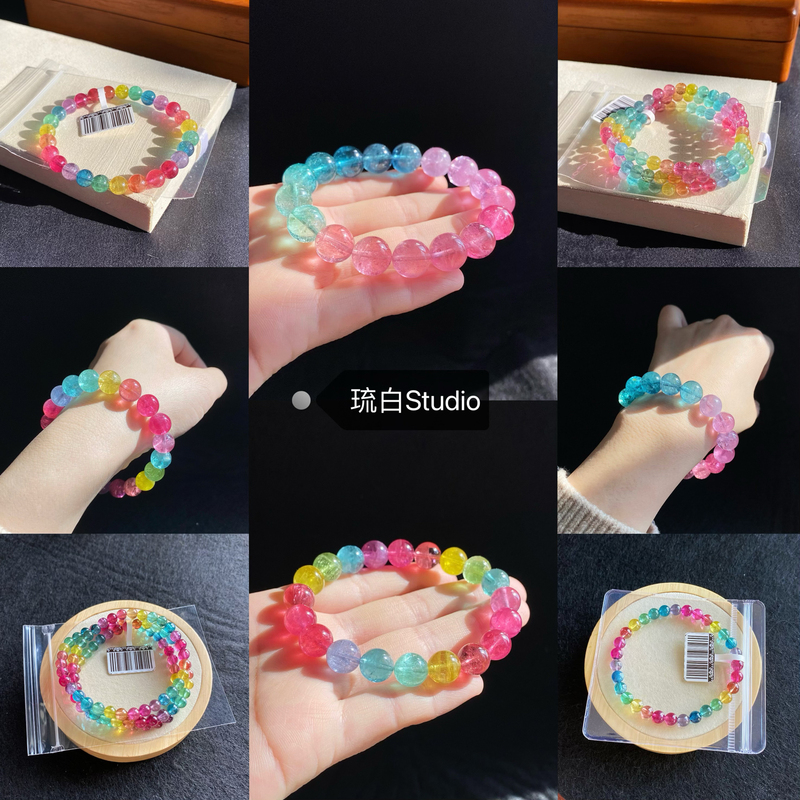 [Fluorescent Color Tourmaline] Brazilian Natural Genuine Dazzling Rainbow Watermelon Pink-Blue Gradient Bracelet Three-Circle Bracelet
