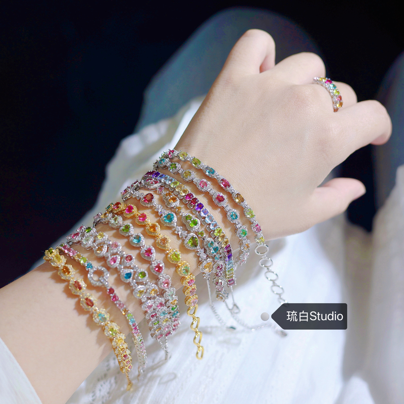 【Rainbow on the Wrist】Natural Colorful Tourmaline Gemstone Tennis Style Light Luxury Exquisite Gift Silver Bracelet for Girlfriend