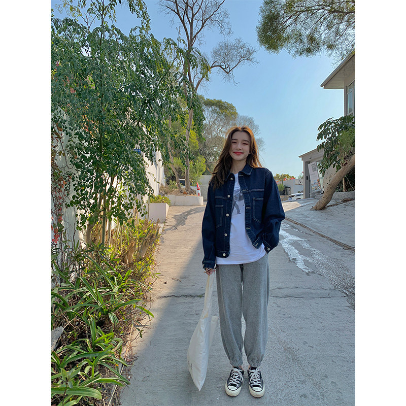 Chen Yuxi customized dark blue denim coat women's spring and autumn 2022 new Korean version of loose retro short coat